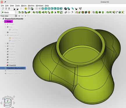 A screenshot of Ondsel ES, a fork(?) of FreeCAD, with a curve green object that's intended to fit over that small metal switch in the shower that's so hard to grip with wet soapy hands. Should be easier now :)