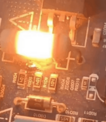 a resistor on a PCB shining very bright