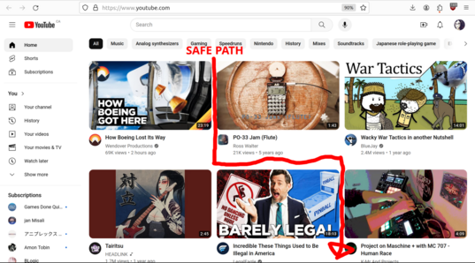 YouTube front page screenshot with a red line, marked "Safe Path", drawn in the edges between the grid