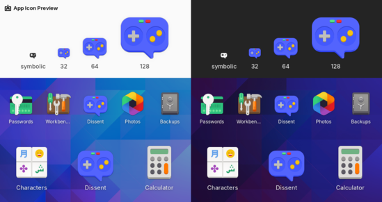 A purple speech bubble icon with game controller buttons on it, previewed in App Icon Preview.