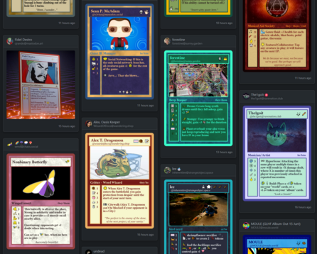 A tiled presentation of various FediCards created by Fediverse users. Each resembles a trading card (similar to Pokemon or Magic the Gathering) but the card's character is based on the Fediverse user