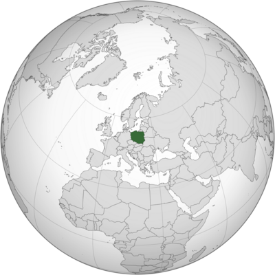 Globe projection of Earth centered on Europe, Poland highlighted in green