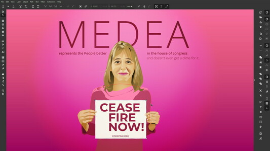 Portrait of Code Pink co-founder and Peace activist Medea Benjamin with a sign that says: ceasefire now!
