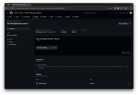 A screenshot that shows the summary page for the GitHub actions worker that converted the R Shiny app into an R Shinylive app and, then, deployed it to the repository's GitHub Pages website automatically. 

Note, that the compressed size of the application is about 66.8 MB.