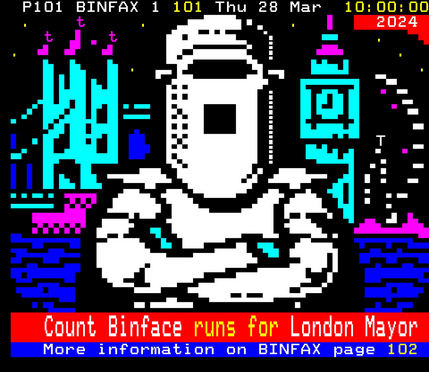 Count Binface illustrated in Ceefax form for his new London mayoral bid.
