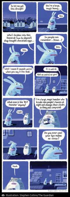 A 12 panel comic with too much text to rewrite, so I'm paraphrasing.

The Easter Bunny is confronted by a magical hamster who breaks into homes at midnight in order to reset clocks for daylight savings time. Both creatures explain their existence and purpose to one another, and are deeply confused about their lives.