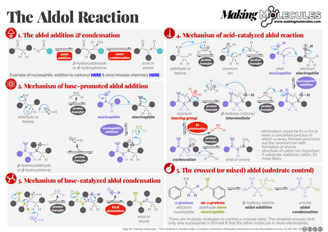 A 1 page summary of the aldol addition and condensation. This covers the mechanism of both the acid and base catalysed versions. It also includes a simple version of the crossed aldol reaction.