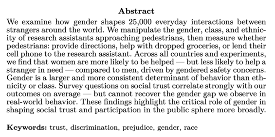 We examine how gender shapes 25,000 everyday interactions between strangers around the world. We manipulate the gender, class, and ethnic- ity of research assistants approaching pedestrians, then measure whether pedestrians: provide directions, help with dropped groceries, or lend their cell phone to the research assistant. Across all countries and experiments, we find that women are more likely to be helped — but less likely to help a stranger in need — compared to men, driven by gendered safety concerns. Gender is a larger and more consistent determinant of behavior than eth- nicity or class. Survey questions on social trust correlate strongly with our outcomes on average — but cannot recover the gender gap we observe in real-world behavior. These findings highlight the critical role of gender in shaping social trust and participation in the public sphere more broadly.