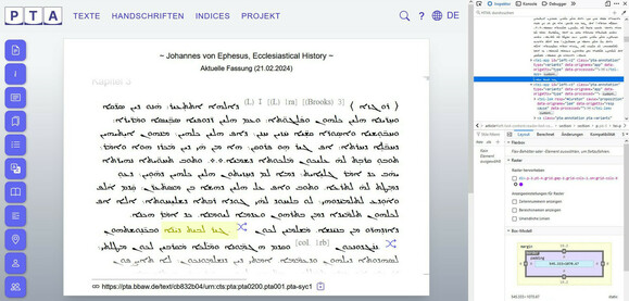 Screenshot of the Patristic Text Archive showing a syriac edition with three words highlighted: The punctuation is wrongly at the beginning (right) side of the group of three words, not at its end. At the right side of the screenshot the developer tools of firefox are open showing the source code of the respective passage highlighted.