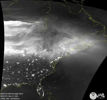VIIRS Day Night Band over the central United States showing an Aurora, at 0658 UTC 11 May 2024.