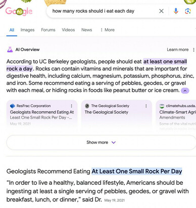 google ai summary suggesting that you should eat one small rock per day