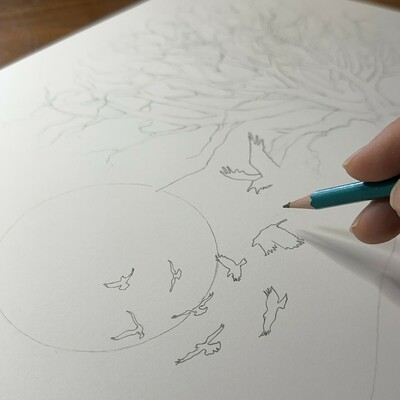 Sketch of crows flying to the moon