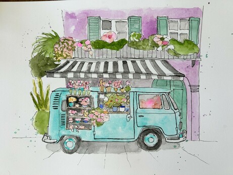 A turquoise VW van the serves as a flower shop in front of a purple building