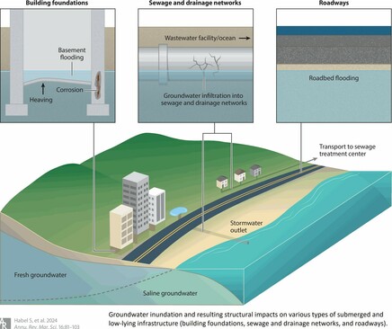 graphics - Groundwater inundation and resulting structural impacts on various types of submerged and low-lying infrastructure (building foundations, sewage and drainage networks, and roadways).