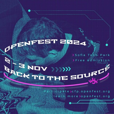 A distorted image of a man untangling a mess of cables with the moto of OpenFest 2024: Back to the source and a strip of pink neon on top.