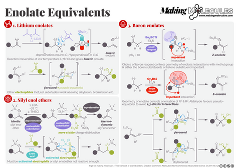 A one page summary of the formation and reaction of lithium enolates, silyl enol ethers and boron enolates. It gives the mechanism of the reactions and the cyclic transition state for the reactions. It probably isn't very useful for the visually impaired. In approximately two weeks (from 02/07/24) there will be a more detailed blog published on www.makingmolecules.com that should cover the same material in a more accessible manner.