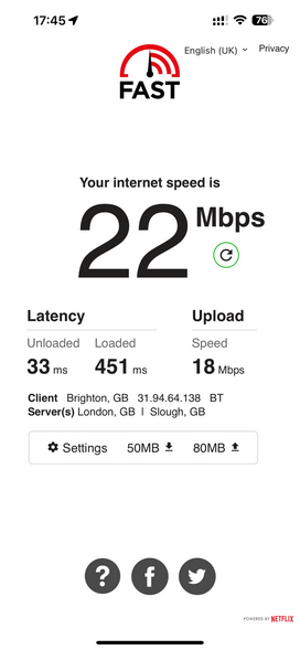 Screenshot of Netflix’s FAST iOS app after a Speedtest run. Shows 22Mbps download and 18Mbps upload with high latency during download. Good enough for streaming HD TV!