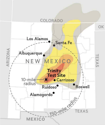 A map graphic of New Mexico showing the location of the Trinity Test site, and the path of the fallout cloud to the northeast