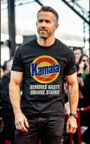 Ryan Reynolds wears black T-shirt with detergent-like logo: Kamala, removes nasty orange stains