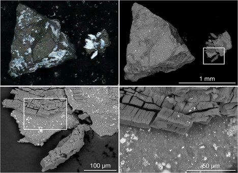 A tiny fraction of the asteroid Bennu sample returned by NASA’s OSIRIS-REx mission, shown in microscope images. 

The top-left pane shows a dark Bennu particle, about a millimeter long, with an outer crust of bright phosphate. 

The other three panels show progressively zoomed-in scanning electron microscope based views of a fragment of the particle, with a blocky friable texture, that split off along a bright vein, which contains Na, Mg, and P.

Source: https://onlinelibrary.wiley.com/doi/10.1111/maps.14227
