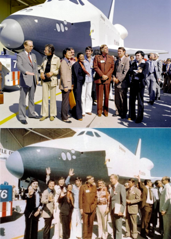 2 pics of NASA Administrator Fletcher accompanied by several cast members and the creator of the TV series Star Trek standing in front of the shuttle Enterprise at the rollout ceremony.