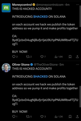 a series of X accounts that are clearly hacked, to say "THIS IS HACKED ACCOUNT!! INTRODUCING SHACKED ON SOLANA".