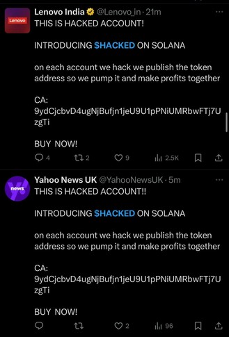 a series of X accounts that are clearly hacked, to say "THIS IS HACKED ACCOUNT!! INTRODUCING SHACKED ON SOLANA".