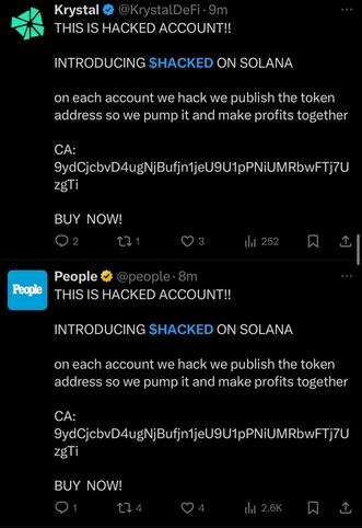 a series of X accounts that are clearly hacked, to say "THIS IS HACKED ACCOUNT!! INTRODUCING SHACKED ON SOLANA".
