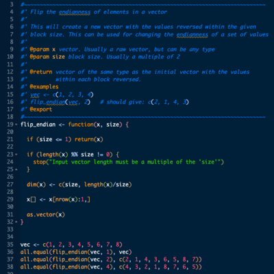 # R code for reversing elements within blocks within a vector

#~~~~~~~~~~~~~~~~~~~~~~~~~~~~~~~~~~~~~~~~~~~~~~~~~~~~~~~~~~~~~~~~~~~~~~~~~~~~
#' Flip the endianness of elements in a vector
#' 
#' This will create a new vector with the values reversed within the given 
#' block size. This can be used for changing the endianness of a set of values
#' 
#' @param x vector. Usually a raw vector, but can be any type
#' @param size block size. Usually a multiple of 2
#' 
#' @return vector of the same type as the initial vector with the values
#'         within each block reversed.
#' @examples
#' vec <- c(1, 2, 3, 4)
#' flip_endian(vec, 2)   # should give: c(2, 1, 4, 3)
#' @export
#~~~~~~~~~~~~~~~~~~~~~~~~~~~~~~~~~~~~~~~~~~~~~~~~~~~~~~~~~~~~~~~~~~~~~~~~~~~~
flip_endian <- function(x, size) {
  
  if (size <= 1) return(x)
  
  if (length(x) %% size != 0) {
    stop("Input vector length must be a multiple of the 'size'")
  }
  
  dim(x) <- c(size, length(x)/size)
  
  x[] <- x[nrow(x):1,]
  
  as.vector(x)
}


vec <- c(1, 2, 3, 4, 5, 6, 7, 8)
all.equal(flip_endian(vec, 1), vec)
all.equal(flip_endian(vec, 2), c(2, 1, 4, 3, 6, 5, 8, 7))
all.equal(flip_endian(vec, 4), c(4, 3, 2, 1, 8, 7, 6, 5))