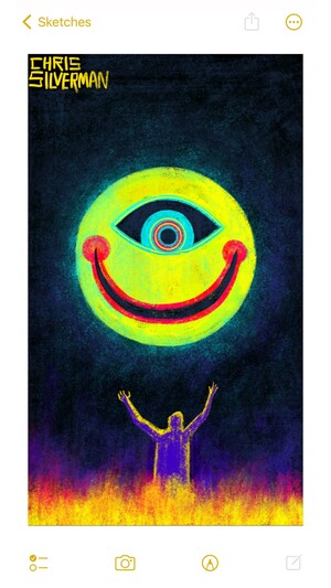A dark sky. Hovering in the sky is a large round yellow-green face with a wide, red-lipped mouth and a single blue eye staring down. The mouth is stretched in a smile that extends halfway around the face. The eye is a blue iris on a black background. The face has a slight greenish glow around it. Below, in a bright yellow field, a person stands, arms upraised. The field has a slight crimson glow to it. The back of the person is covered in a purple shadow.