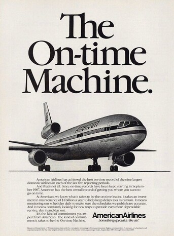 The title say 1990 American Airlines The On Time Machine and below it is an American Airlines DC-10 tri jet.