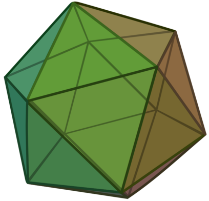 Picture of a translucent regular icosahedron, in green.  This is an example of a triangulation of the sphere by equilateral triangles where 5 meet at each vertex.

Made by Cyp and placed on Wikicommons with a Creative Commons copyright, here:

https://commons.wikimedia.org/wiki/File:Icosahedron.svg