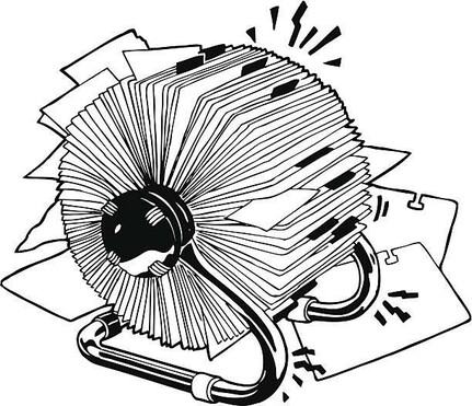 Black and white drawing of a rolodex view from the corner of the device and with some cards removed on lying behind it.