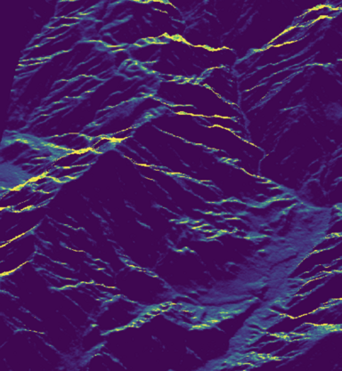 Synthetic image that looks like alien mountains lit from behind.
