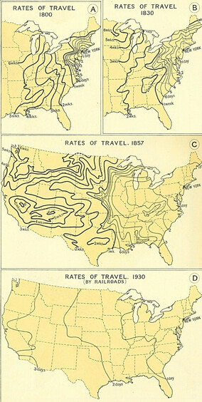 Maps showing rates of travel from New York to other parts of the country from 1800 through 1930.
