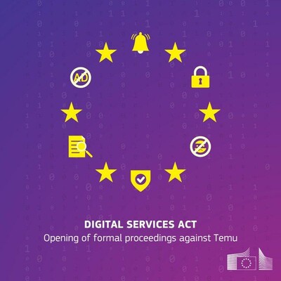 A visual with eight yellow stars on a purple background and six icons representing notifications, security, search, and ads placed around the stars. At the centre is a magnifying glass with a chart inside. The text at the bottom reads 'DIGITAL SERVICES ACT' and ' Opening of formal proceedings against Temu.' The European Commission logo is in the lower right corner.