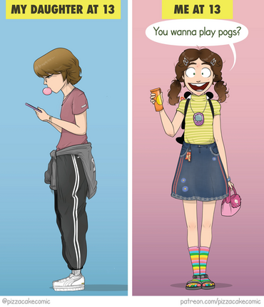 The image is a comic-style illustration divided into two panels. The left panel is labeled "MY DAUGHTER AT 13" and shows a girl with short brown hair, wearing a pink shirt, black pants with white stripes, and white sneakers. She is blowing a bubble with gum and looking at a smartphone. The right panel is labeled "ME AT 13" and shows a girl with curly brown hair, wearing a yellow and green striped shirt, a denim skirt with flower patches, rainbow knee-high socks, and sandals. She is holding a container of pogs and has a Tamagotchi around her neck. She is saying, "You wanna play pogs?" The image humorously contrasts the differences in interests and fashion between two generations at the age of 13.