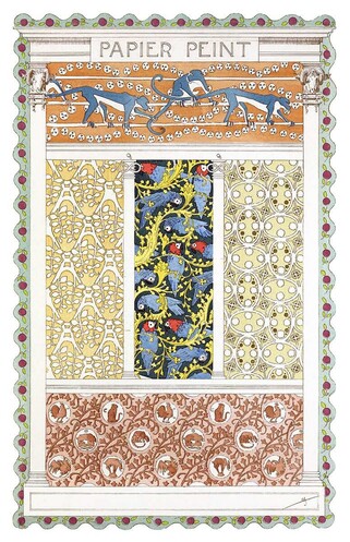 Plate showing wallpaper design with monkeys, parrots, and foliate motifs.