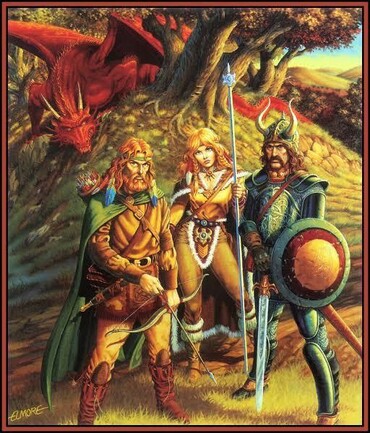 A painting of three fantasy adventurers with a red dragon in the background. To the left, a male half-elf with auburn hair and a green cloak stands ready with a bow and arrow. In the center, a female human cleric with long blonde hair and a brown tunic holds a silver staff. To the right, a male warrior with a horned helmet, chainmail, and a round shield stands with a sword at the ready.