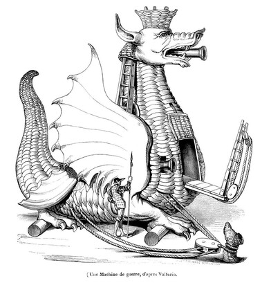 War machine shaped like a dragon, with cannons protruding from its mouth and sides. This wood engraving is an elaboration on a design by Matteo di Pasti (1420-ca. 1467) for "De re militari," a military treatise written by Roberto Valturio circa 1455, and published for the first time in Verona in 1472.