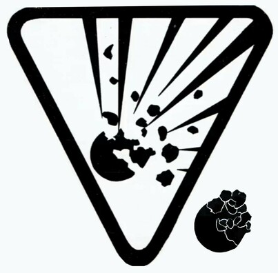 The "risk of explosion" symbol, an inverted trangle containing an image of an apparently circular object exploding, with half the object disnintegrating into small chunks that are being propelled to the right and up. There are thin triangular wedges emanating from the object, to suggest projectile motion and perhaps force.

Next to the symbol, all of the bits of the object have been reassembled to show that the sum total is greater than the circle suggested in the original picture.