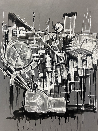 Artwork: oil painting depicting our attempt to manipulate and control the world as if it were a machine.