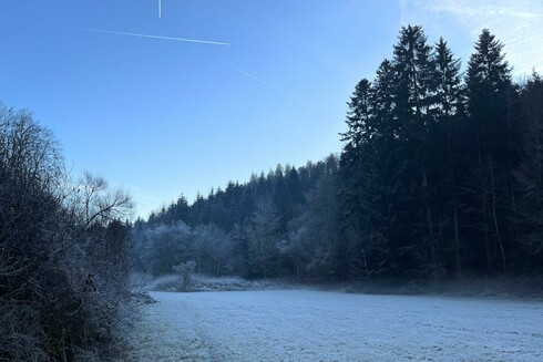 Cool colors of a valley on a frosty day. Clear sky.