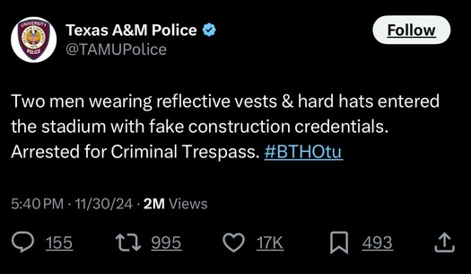 Two men wearing reflective vests & hard hats entered the stadium with fake construction credentials. Arrested for Criminal Trespass. #BTHOtu