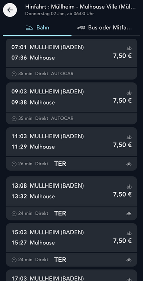 Screenshot aus der App SNCF Connect
Suche nach einer Verbindung von Müllheim (Baden) nach Mulhouse Ville

Abfahrten 07:01 und 09:03 sind Busse, 11:03, 13:08, 15:03 und 17:03 sind Züge