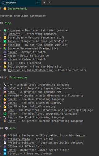 Screenshot of a Windows Terminal displaying a VimWiki index showcasing a personal knowledge management. Various topics are visible, e.g. Misc (Expenses, Podcast, Books, Movies), Programming notes, Apps installation guides etc.