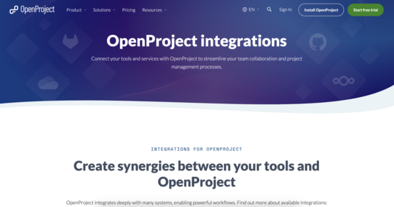 Screenshot of the OpenProject integrations page: Create synergies between your tools and OpenProject