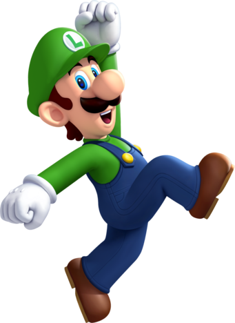 Luigi from Super Mario Bros. He's wearing a green shirt with blue overalls, and a green cap with the letter "L" on it.