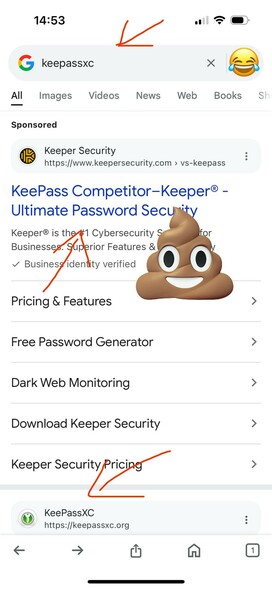 Screenshot of KeePassXC being targeted by a “competitor” on Google ads.