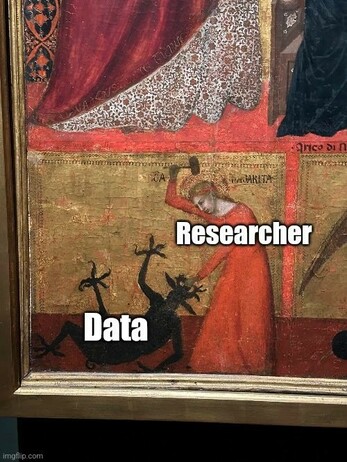 Medieval-style painting depicting a person in an orange robe labeled "Researcher" striking a black demonic figure labeled "Data" with a hammer.